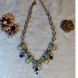 Bella Blue Teal Statement Necklace & Gold Tone Floral Brooch Jewelry Bundle 3pc